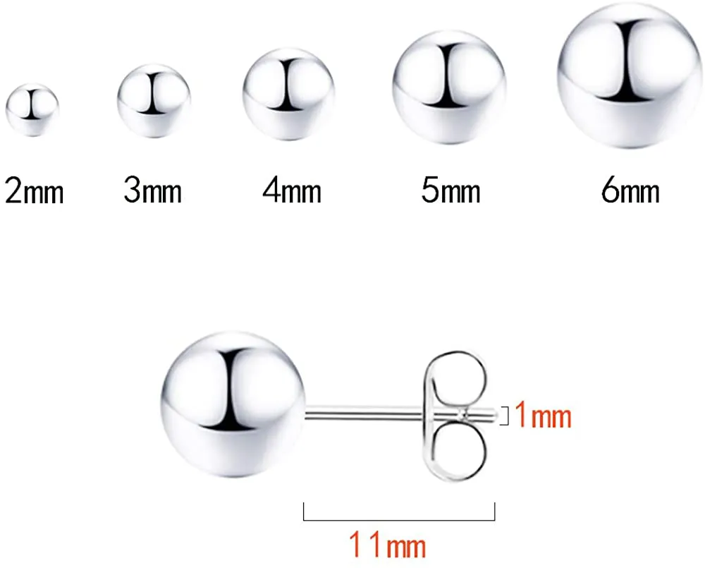 925 Sterling Silver Stud Earrings for Women, 5 Pairs 925 Sterling Silver Earrings Set 2mm 3mm 4mm 5mm 6mm Stud Earrings Different Sizes Tiny Stud Earrings for Multiple Piercings