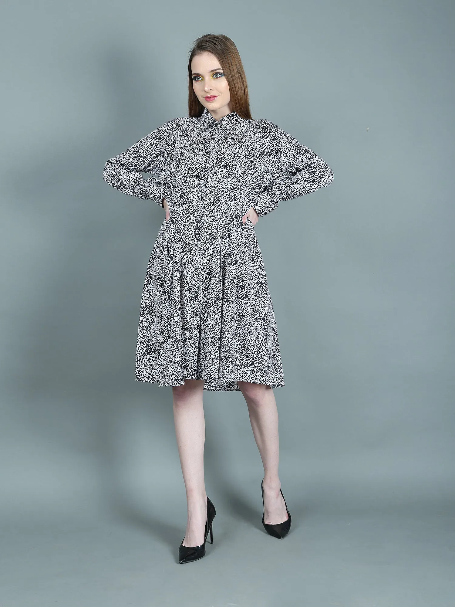 A Line Flare Animal Print Shirt Dress