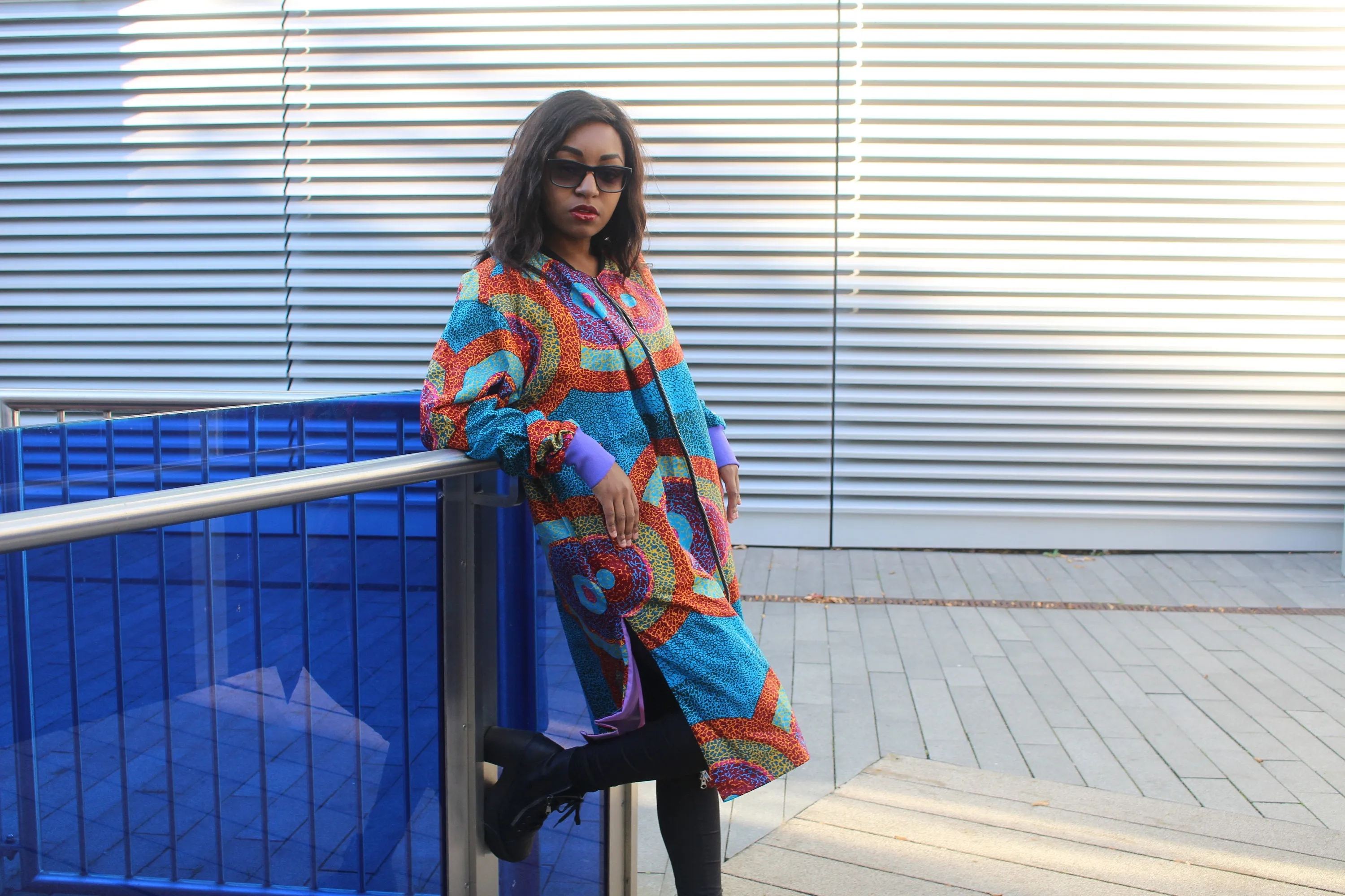 African Trench Coat in Blue Ankara Print - Festival Coat