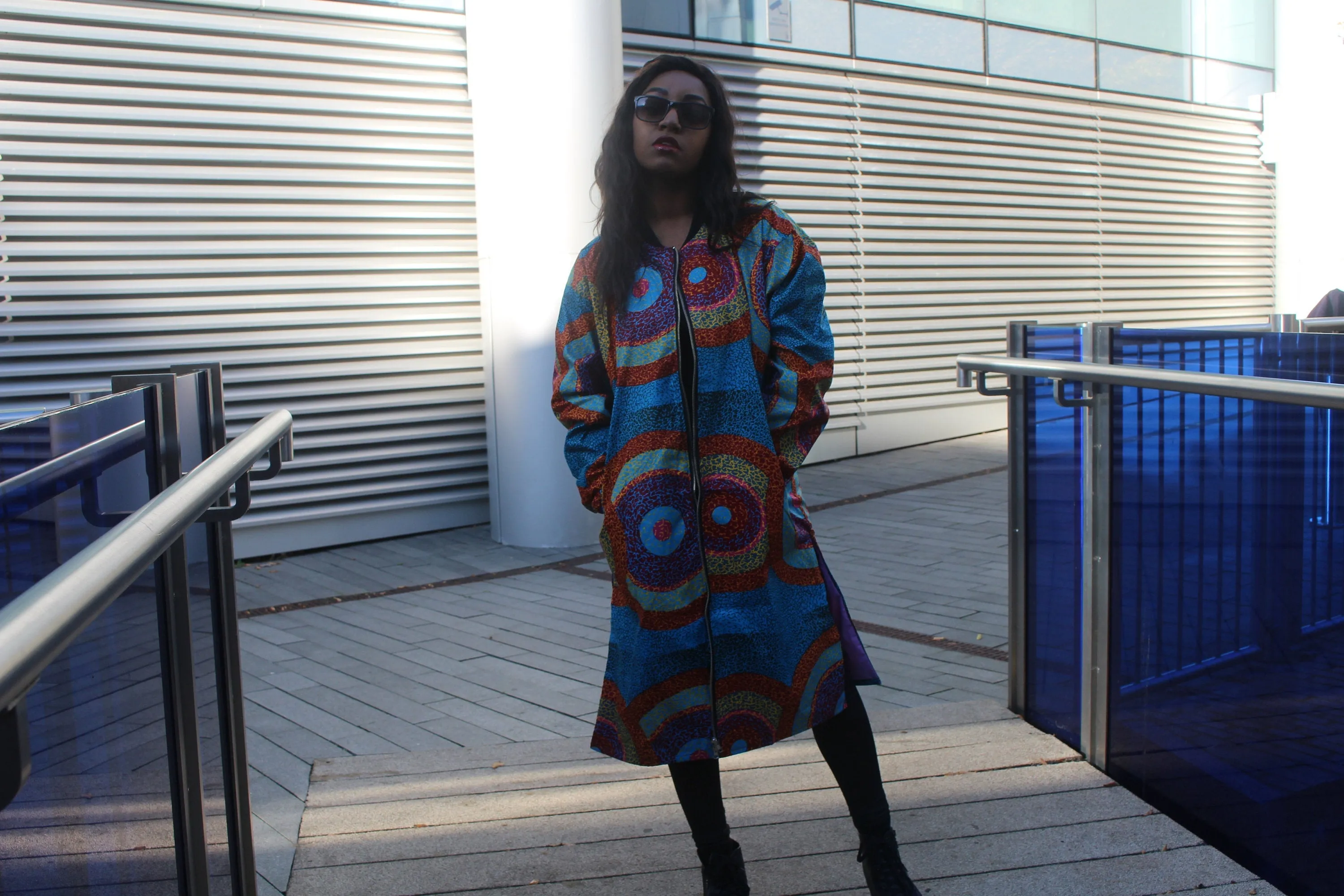 African Trench Coat in Blue Ankara Print - Festival Coat