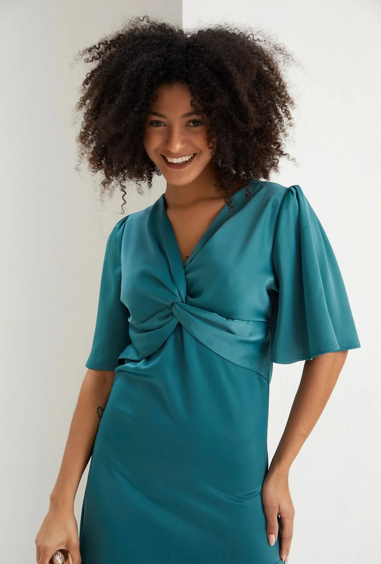 Angel sleeve satin twist midi dress in teal