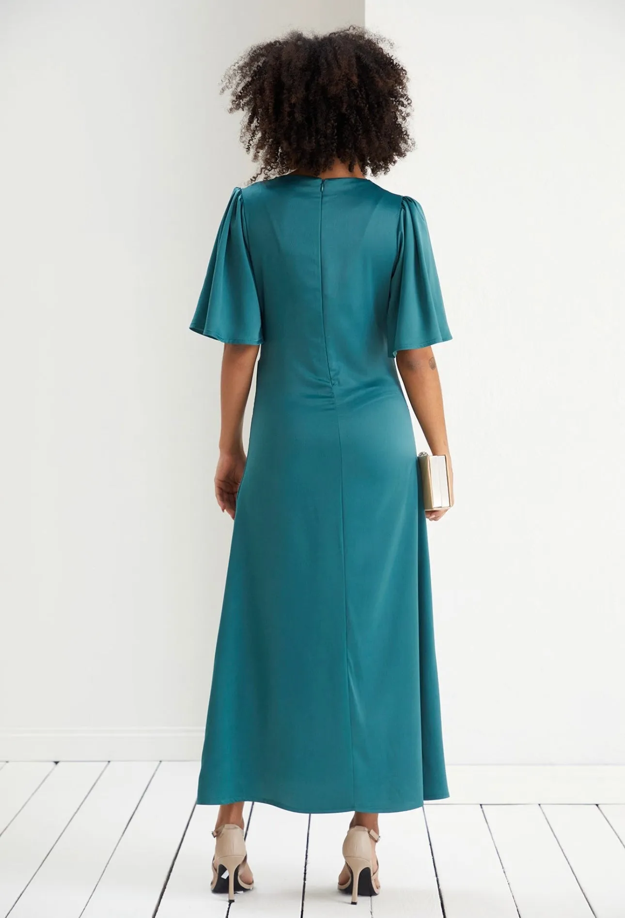 Angel sleeve satin twist midi dress in teal