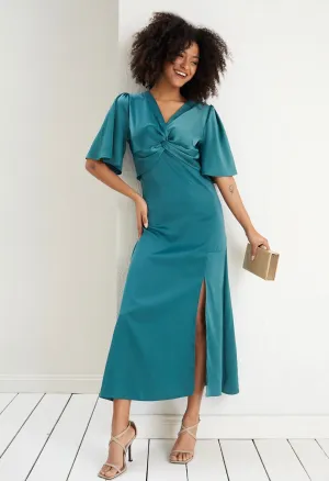 Angel sleeve satin twist midi dress in teal