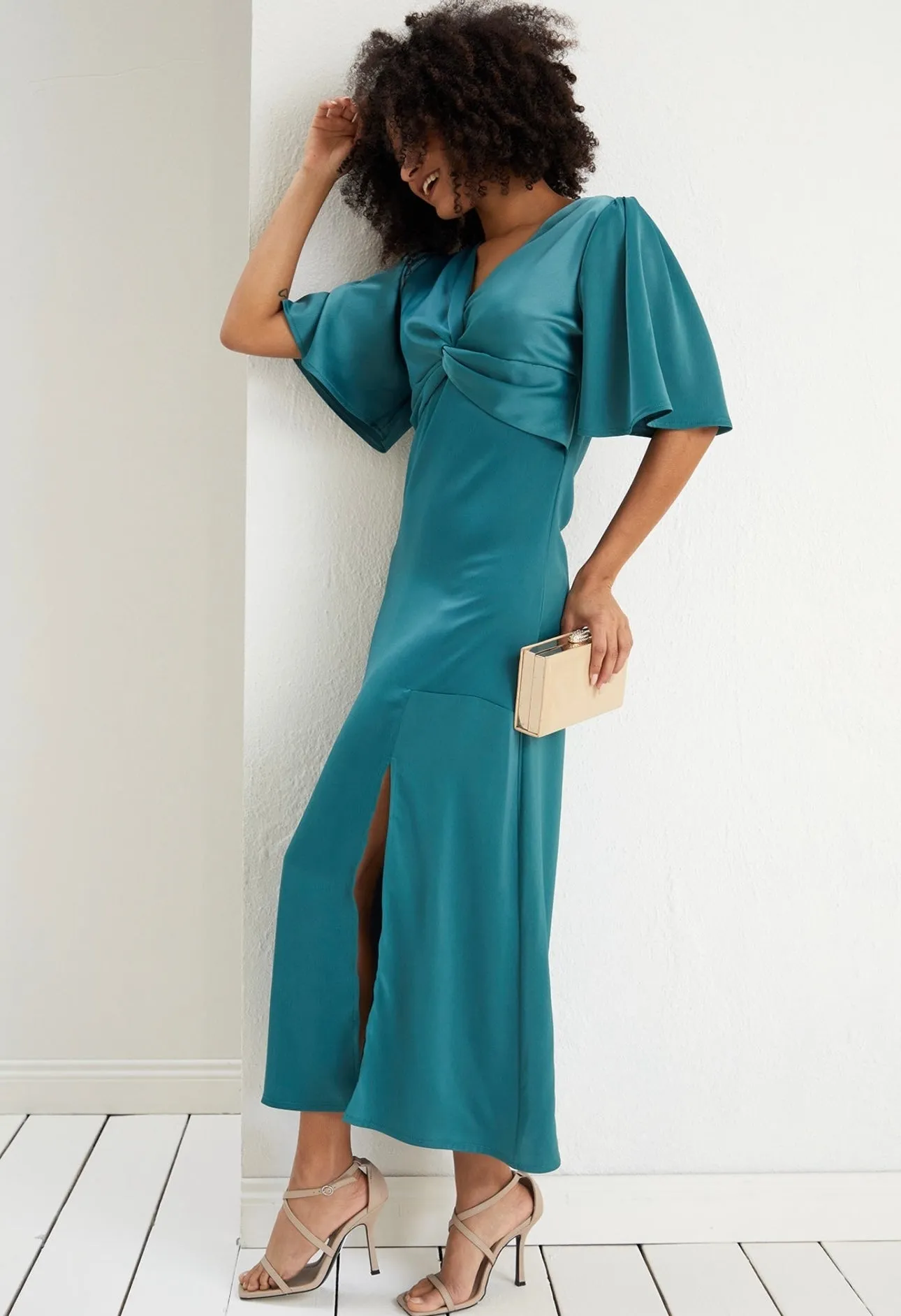 Angel sleeve satin twist midi dress in teal