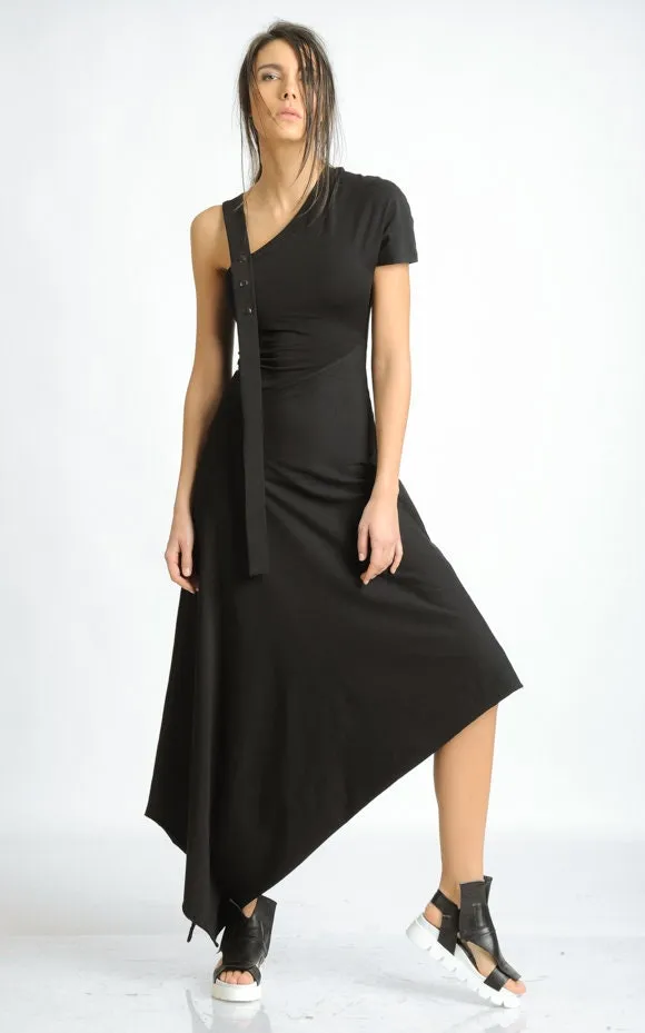 Asymmetric Cotton Black Dress