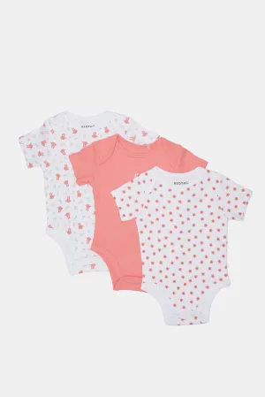 Baby White And Coral Printed Bodysuit Set (Pack Of 3)