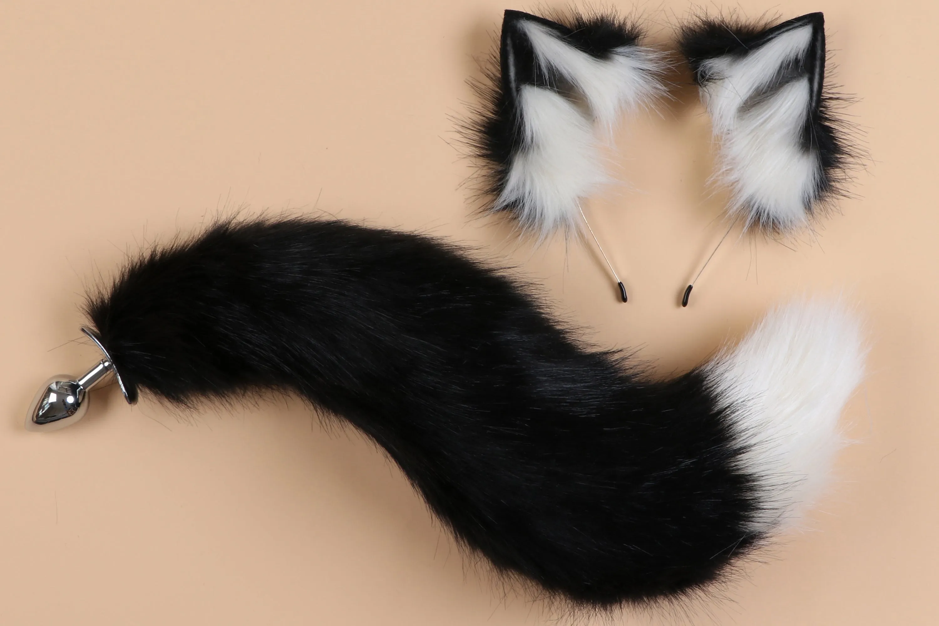 beige black fox tail plug and ear set wolf tail buttplug ass faux fur kitten tail butt plug cat petplay anime cosplay sex toy bdsm ddlg