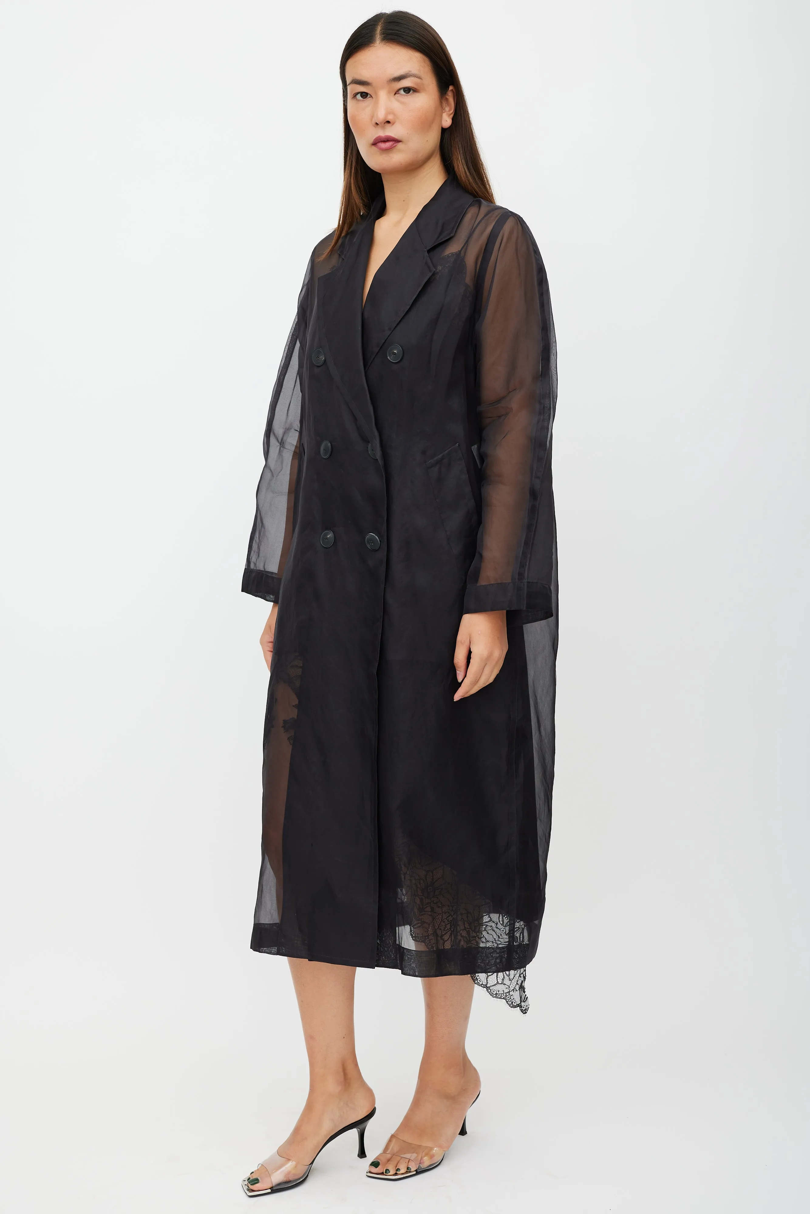 Black Sheer Silk Double Breasted Trench Coat