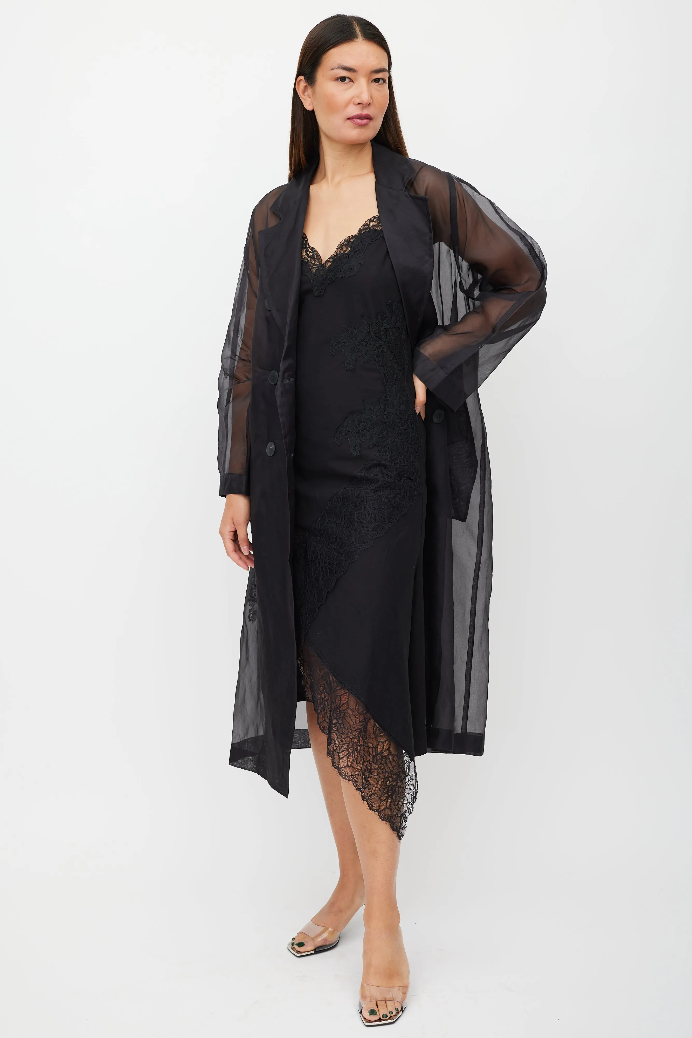 Black Sheer Silk Double Breasted Trench Coat