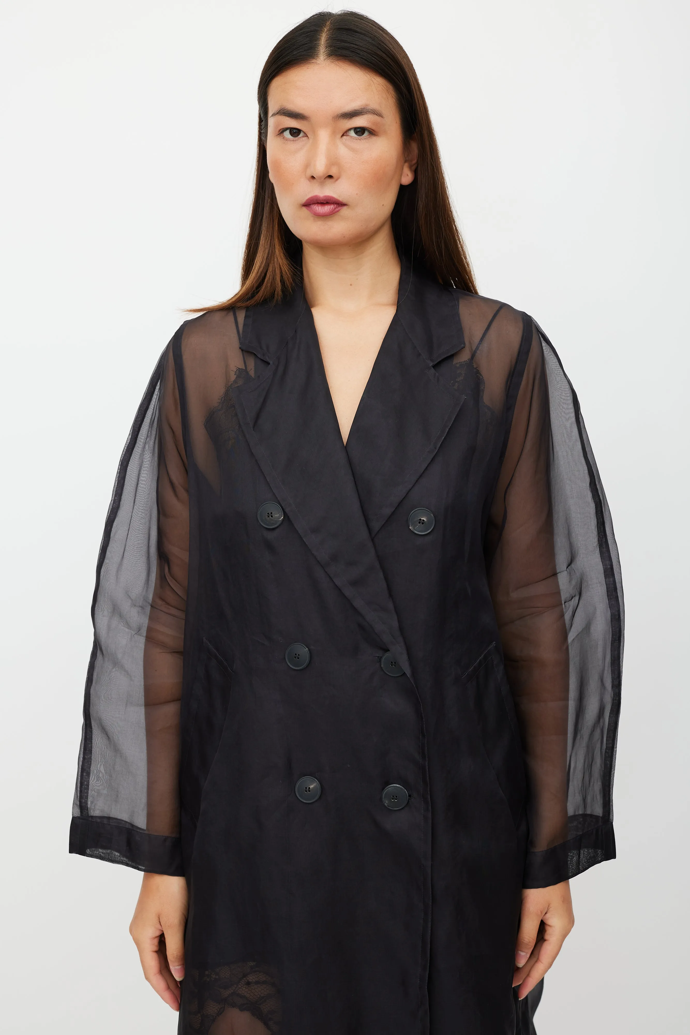 Black Sheer Silk Double Breasted Trench Coat