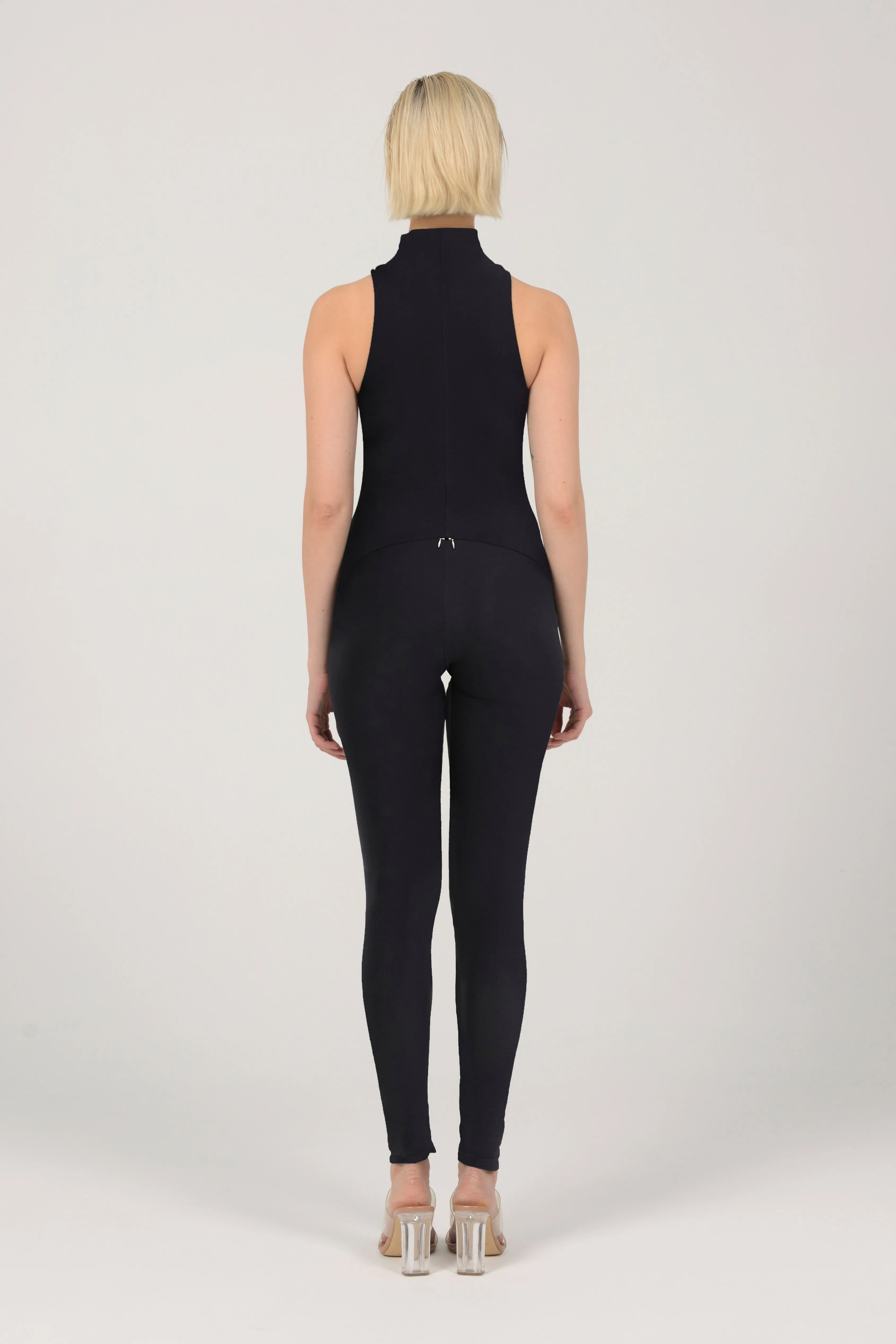 Black Sleeveless High Neck Zip Up Bodysuit