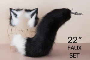 black white faux fur fox tail plug and ear set Curvy wolf tail butt plug and ear cat tail buttplug and ear neko ear Halloween gift