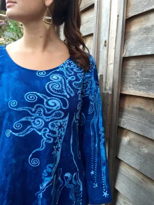 Blue Tree of Life Long Sleeve Batik Dress