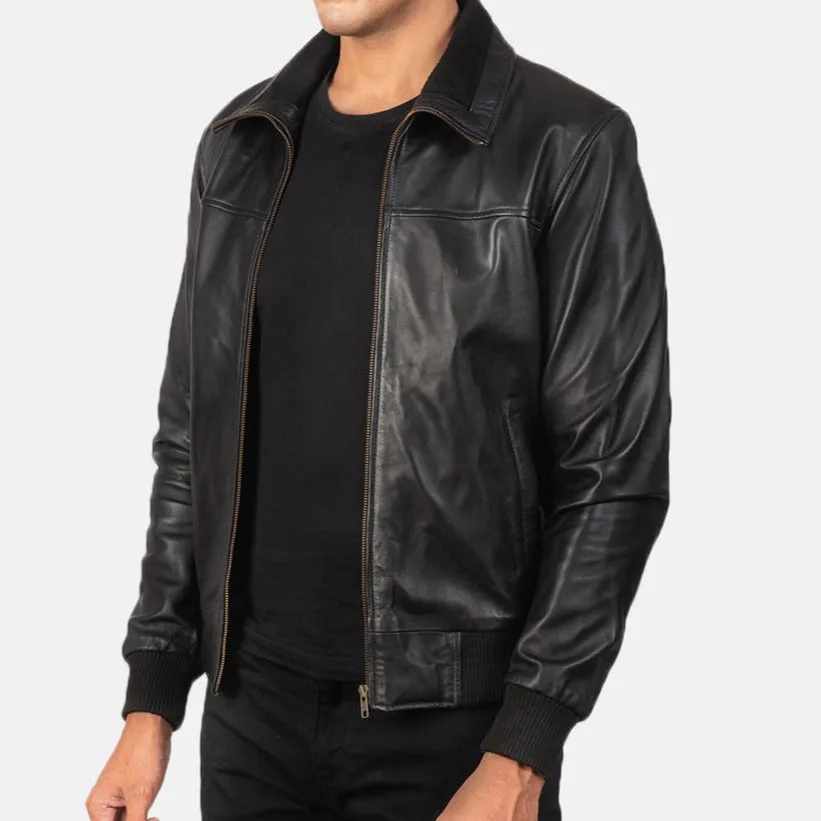 BOMBER-2404 MUSH Black Leather Bomber Jacket