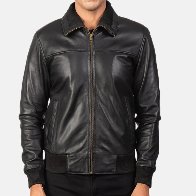 BOMBER-2404 MUSH Black Leather Bomber Jacket