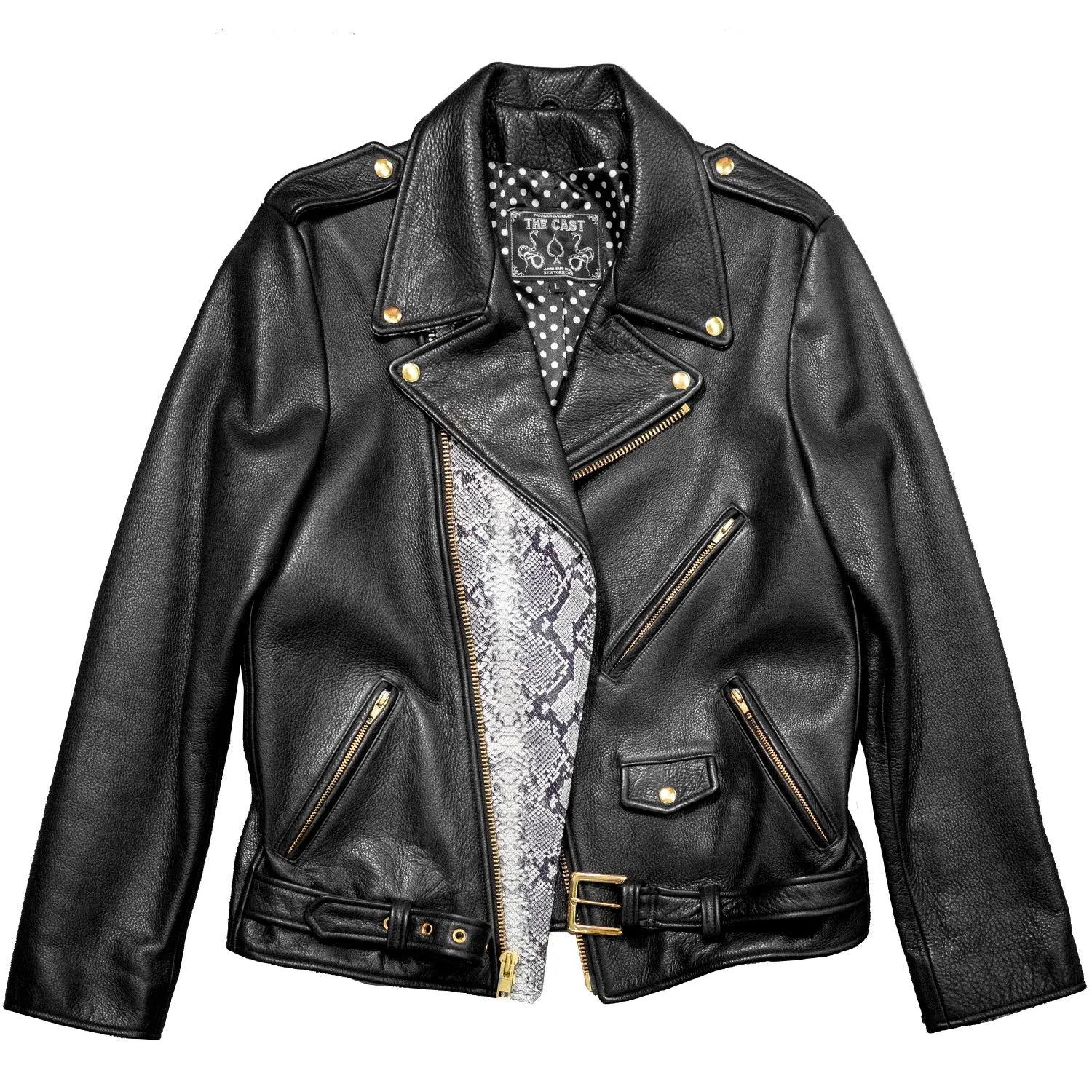 BOWERY JACKET - L / SNAKESKIN DETAIL, POLKA-DOT LINING   GOLD HARDWARE