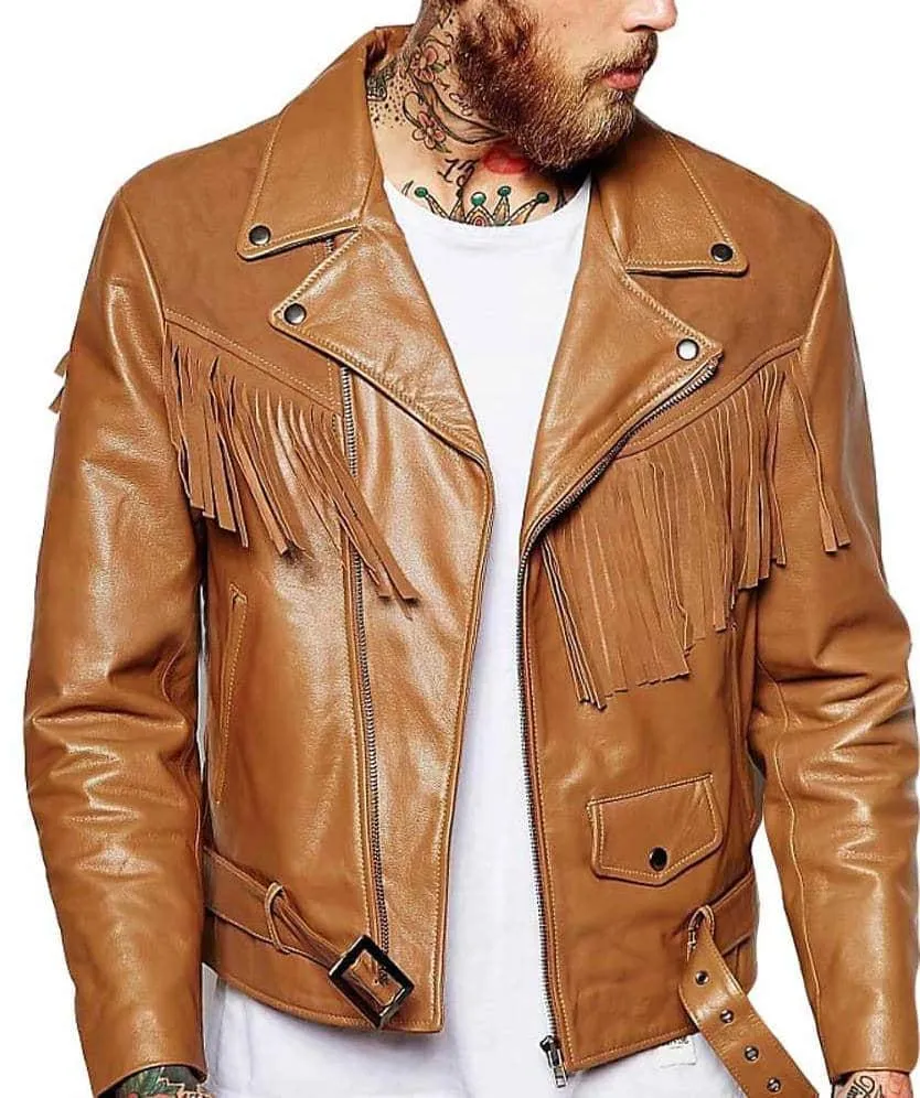 Brown Leather Men's Asymmetrical Fringe Jacket