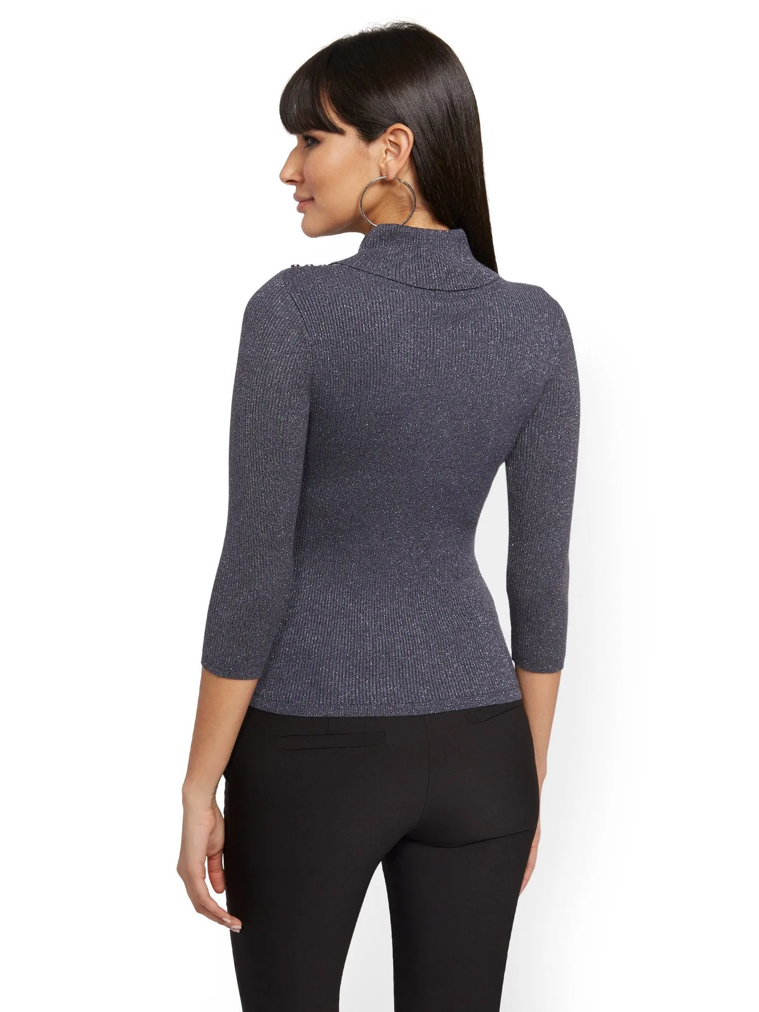 Button-Accent Metallic Grey Turtleneck