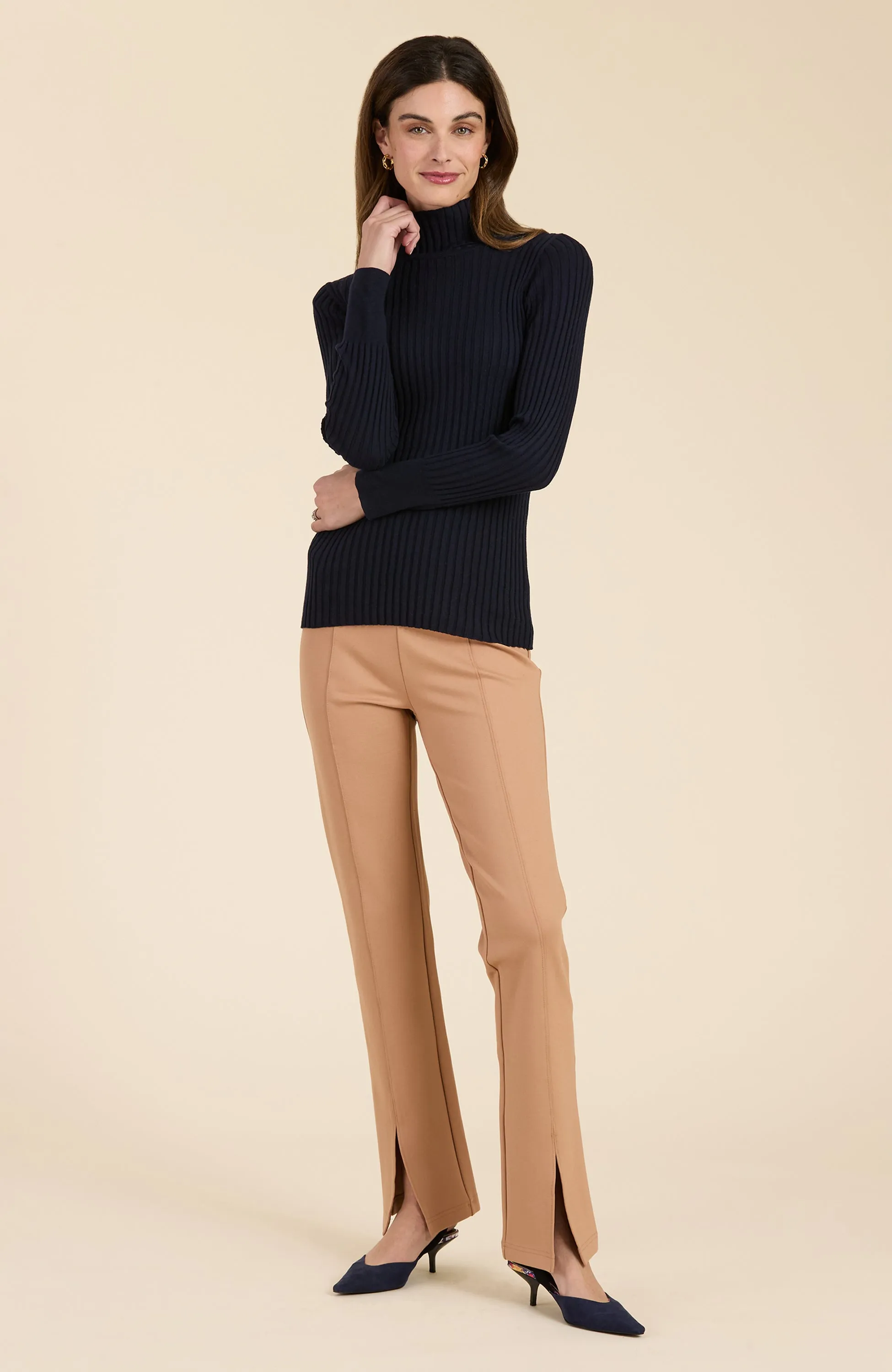 Cotton Cashmere Ribbed Turtleneck - Navy