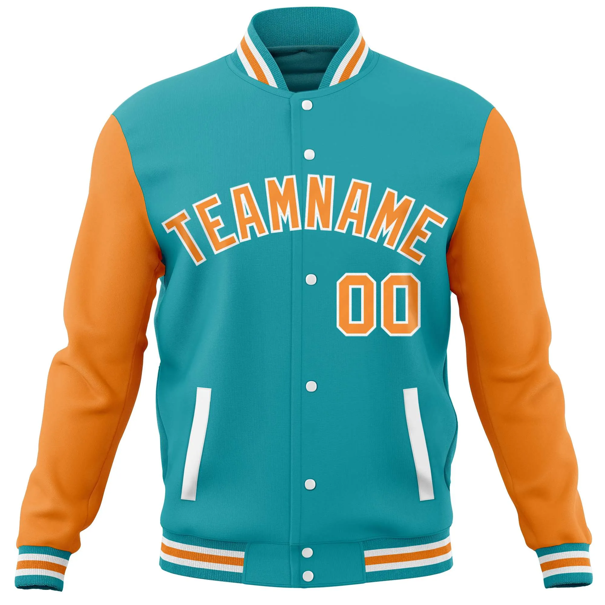 Custom Aqua Orange Varsity Full-Snap Raglan Sleeves Letterman Baseball Jacket