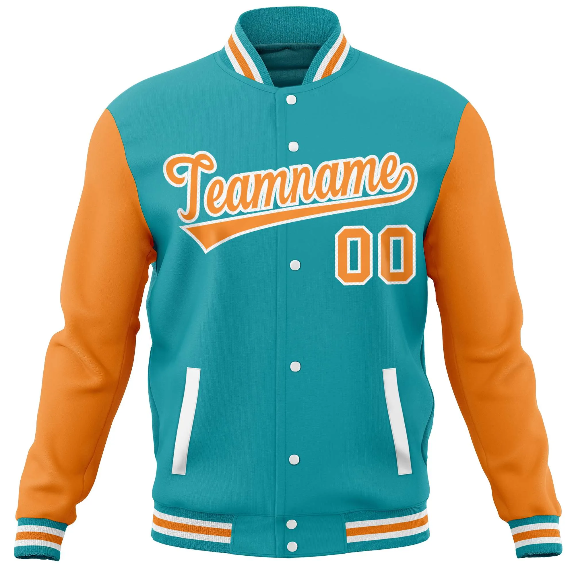 Custom Aqua Orange Varsity Full-Snap Raglan Sleeves Letterman Baseball Jacket