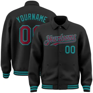 Custom Black Crimson-Teal Bomber Full-Snap Varsity Letterman Lapel Collar Byron Jacket