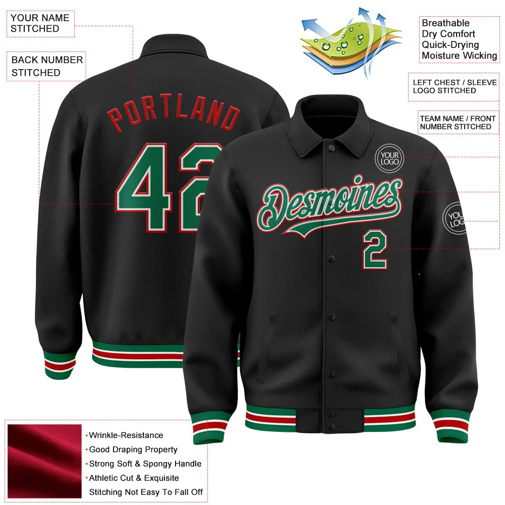 Custom Black Kelly Green-Red Bomber Full-Snap Varsity Letterman Lapel Collar Byron Jacket