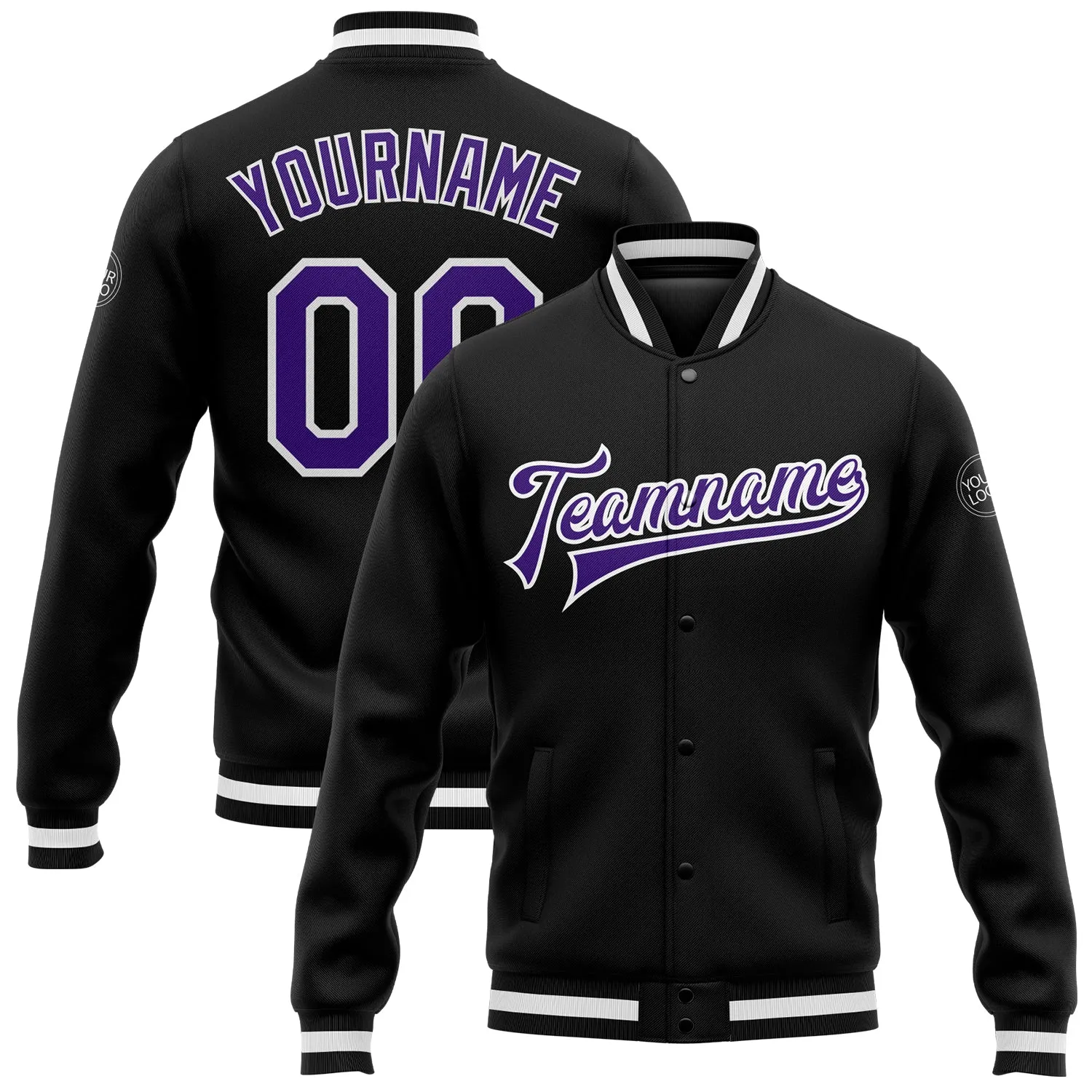 Custom Black Purple-White Bomber Full-Snap Varsity Letterman Jacket