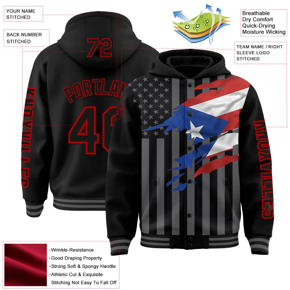 Custom Black Red-Gray Puerto Rico Puerto Rican Flag 3D Bomber Full-Snap Varsity Letterman Hoodie Jacket