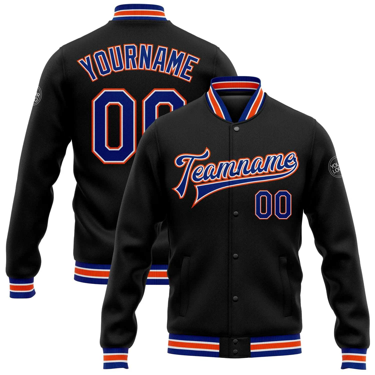 Custom Black Royal-Orange Bomber Full-Snap Varsity Letterman Jacket