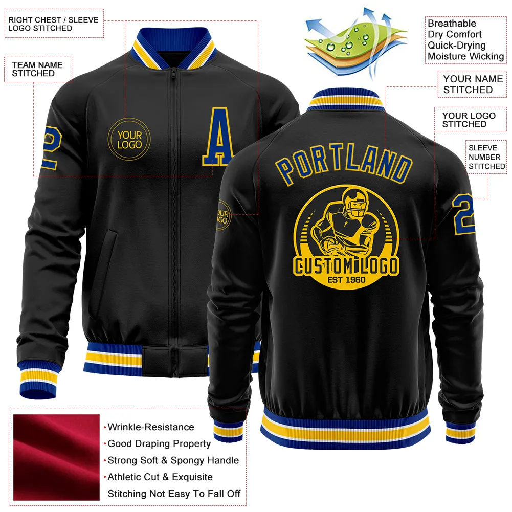 Custom Black Royal-Yellow Bomber Varsity Letterman Zipper Jacket