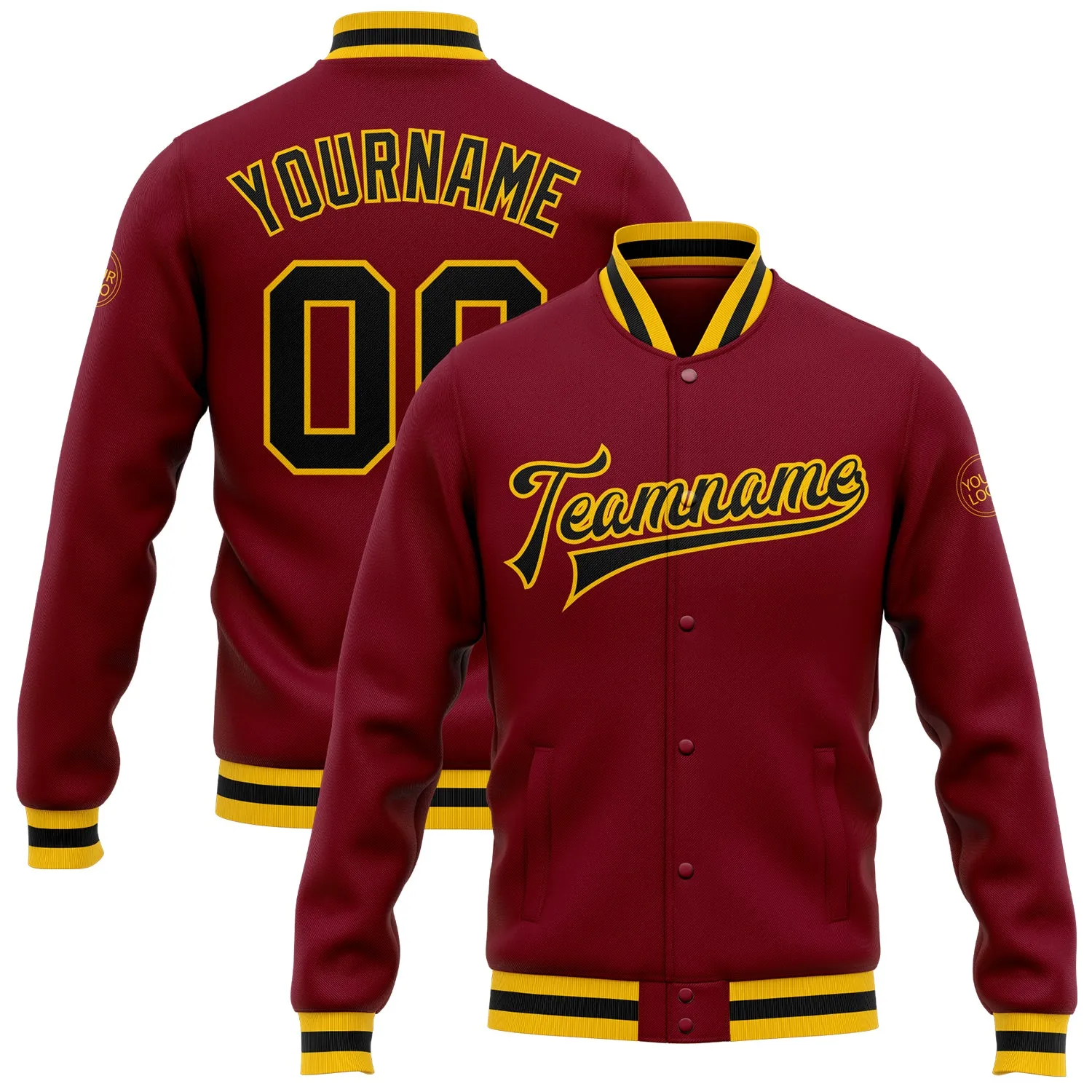 Custom Crimson Black-Gold Bomber Full-Snap Varsity Letterman Jacket