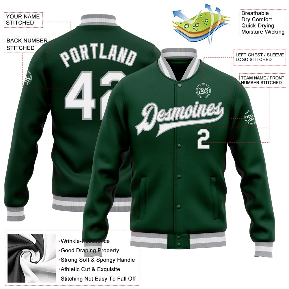 Custom Green White-Gray Bomber Full-Snap Varsity Letterman Jacket