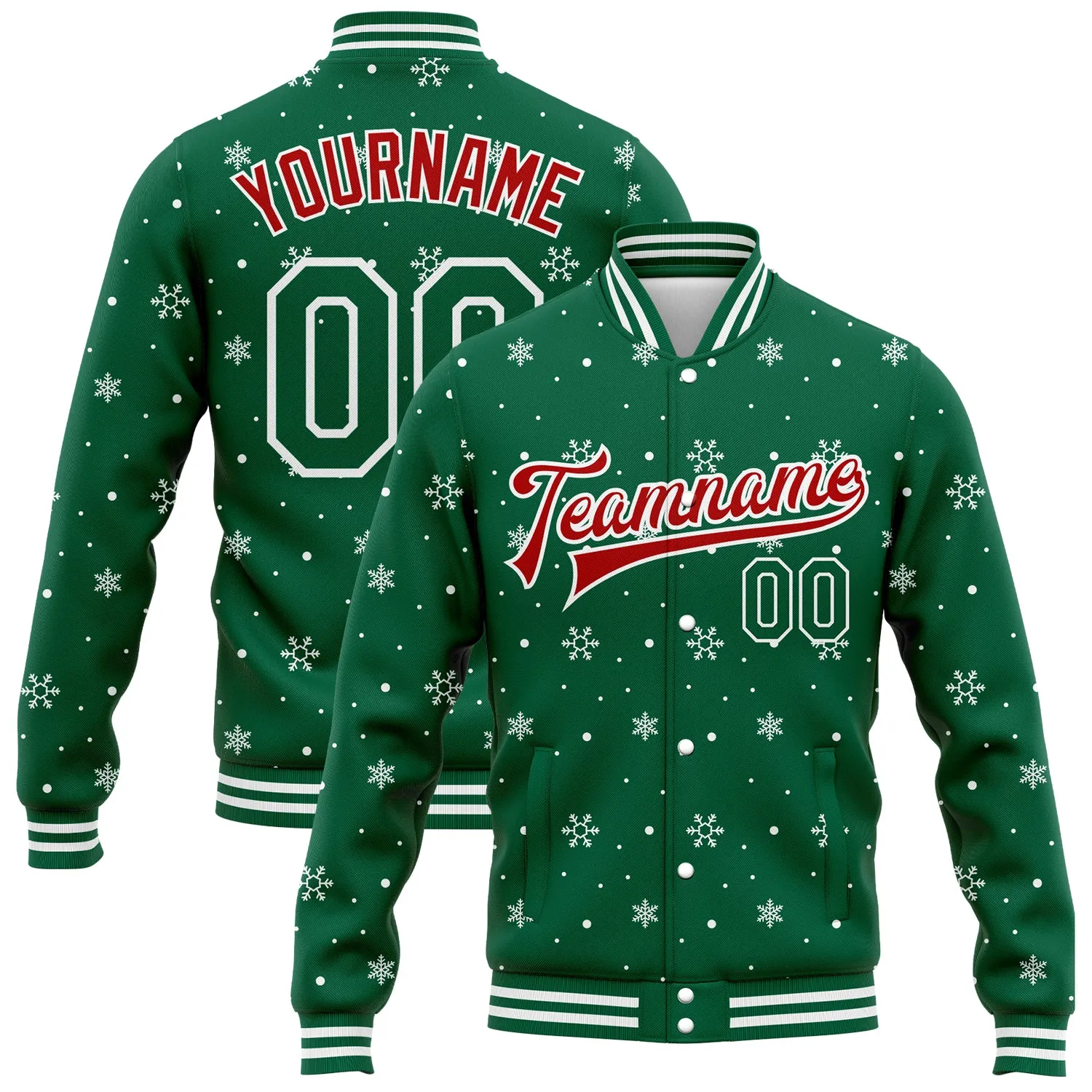 Custom Kelly Green Red-White Christmas 3D Bomber Full-Snap Varsity Letterman Jacket