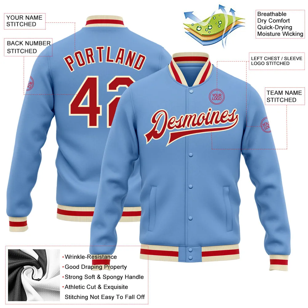 Custom Light Blue Red-Cream Bomber Full-Snap Varsity Letterman Jacket