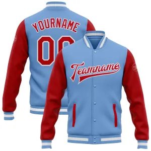 Custom Light Blue Red-White Bomber Full-Snap Varsity Letterman Two Tone Jacket