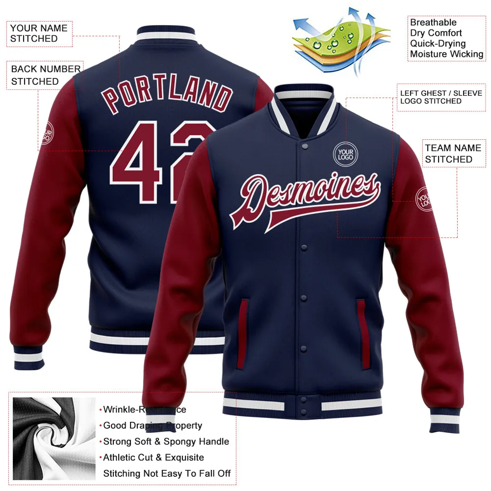 Custom Navy Crimson-White Bomber Full-Snap Varsity Letterman Two Tone Jacket