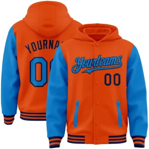 Custom Orange Powder Blue-Navy Bomber Full-Snap Varsity Letterman Two Tone Hoodie Jacket