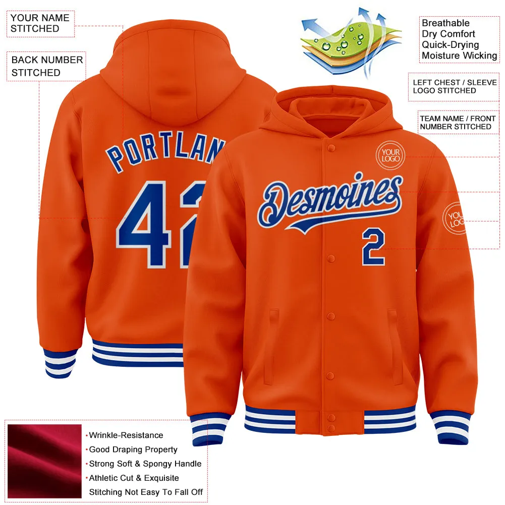 Custom Orange Royal-White Bomber Full-Snap Varsity Letterman Hoodie Jacket