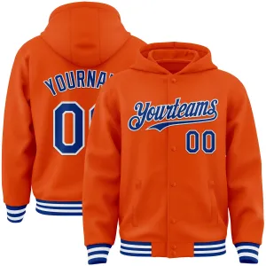 Custom Orange Royal-White Bomber Full-Snap Varsity Letterman Hoodie Jacket