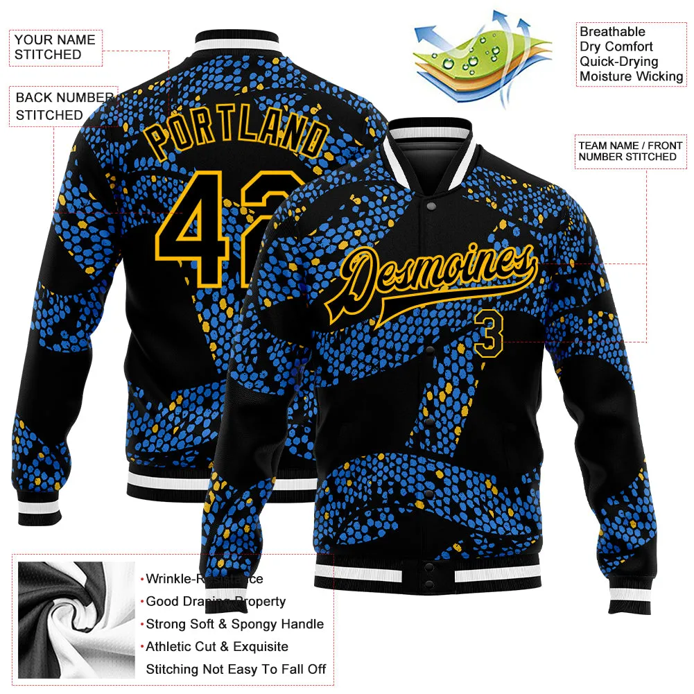 Custom Royal Black-Gold 3D Pattern Design Bomber Full-Snap Varsity Letterman Jacket