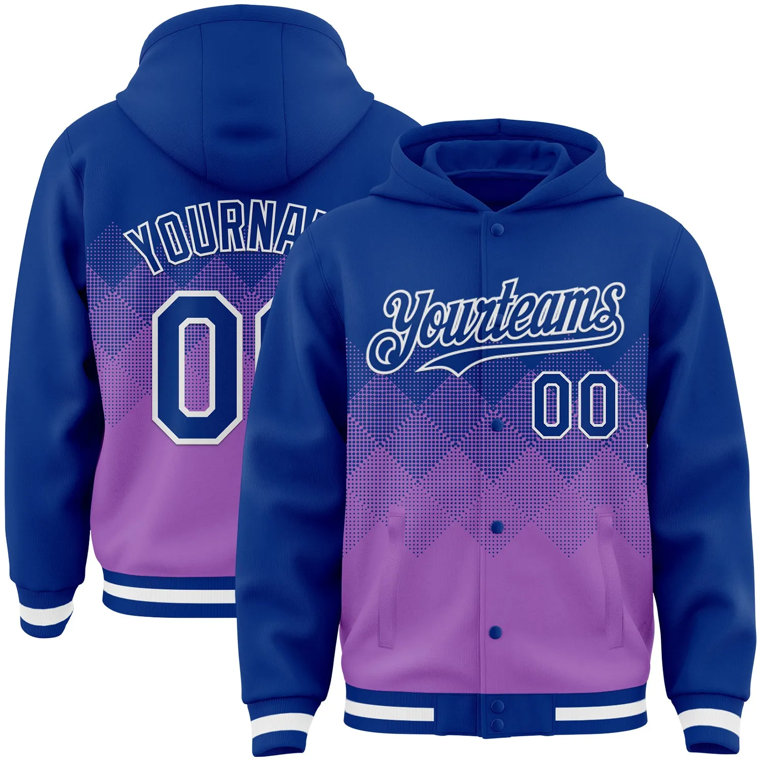 Custom Royal Medium Purple-White Gradient Square Shape 3D Pattern Design Bomber Full-Snap Varsity Letterman Hoodie Jacket