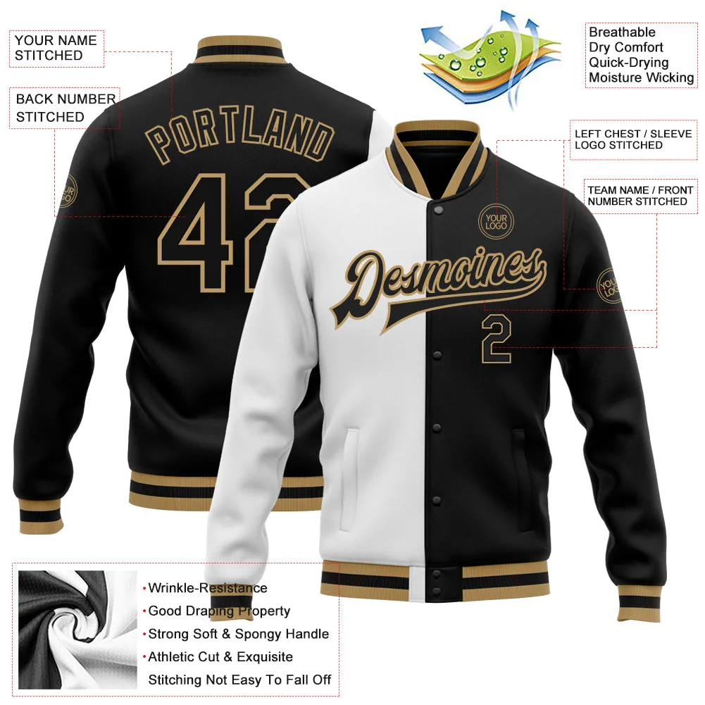 Custom White Black-Old Gold Bomber Full-Snap Varsity Letterman Split Fashion Jacket