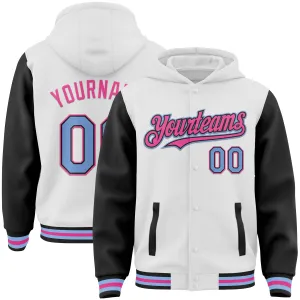 Custom White Light Blue Black-Pink Bomber Full-Snap Varsity Letterman Two Tone Hoodie Jacket