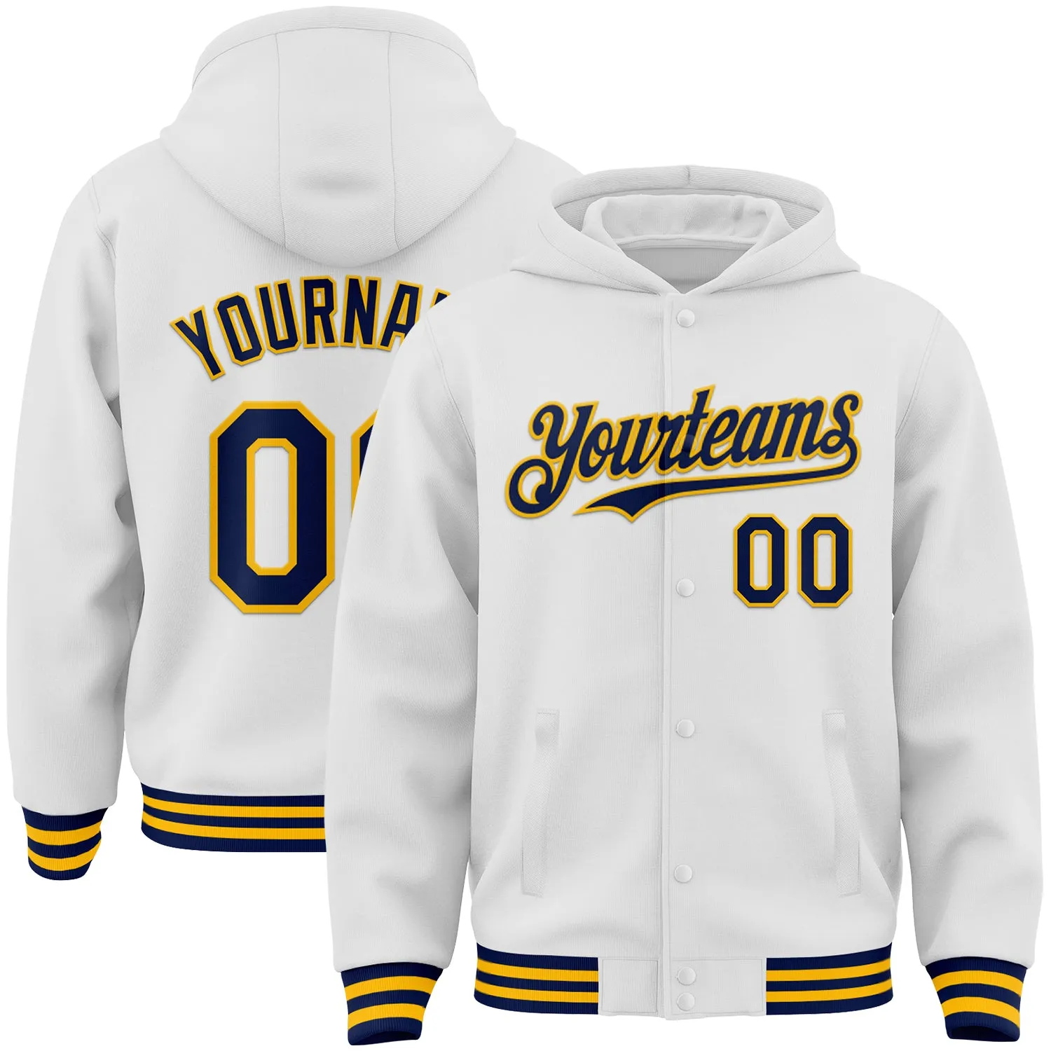 Custom White Navy-Gold Bomber Full-Snap Varsity Letterman Hoodie Jacket