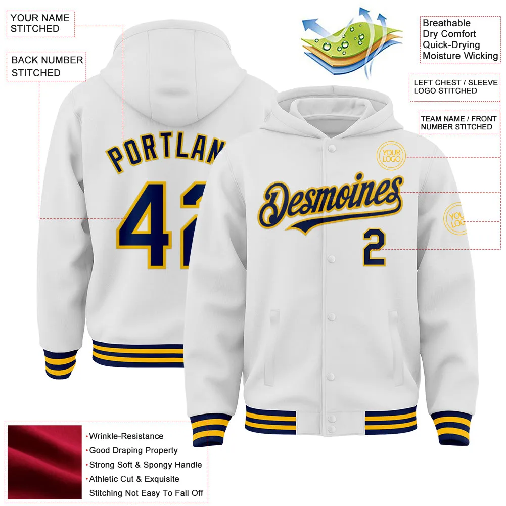 Custom White Navy-Gold Bomber Full-Snap Varsity Letterman Hoodie Jacket