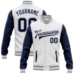 Custom White Navy-Gray Bomber Full-Snap Varsity Letterman Two Tone Jacket