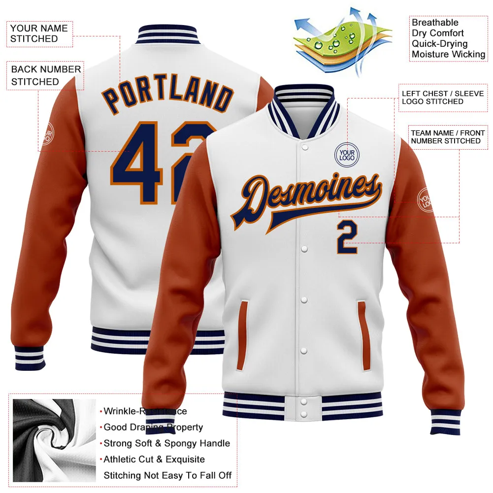 Custom White Navy-Texas Orange Bomber Full-Snap Varsity Letterman Two Tone Jacket