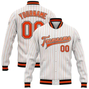 Custom White Orange Pinstripe Orange-Black Bomber Full-Snap Varsity Letterman Jacket