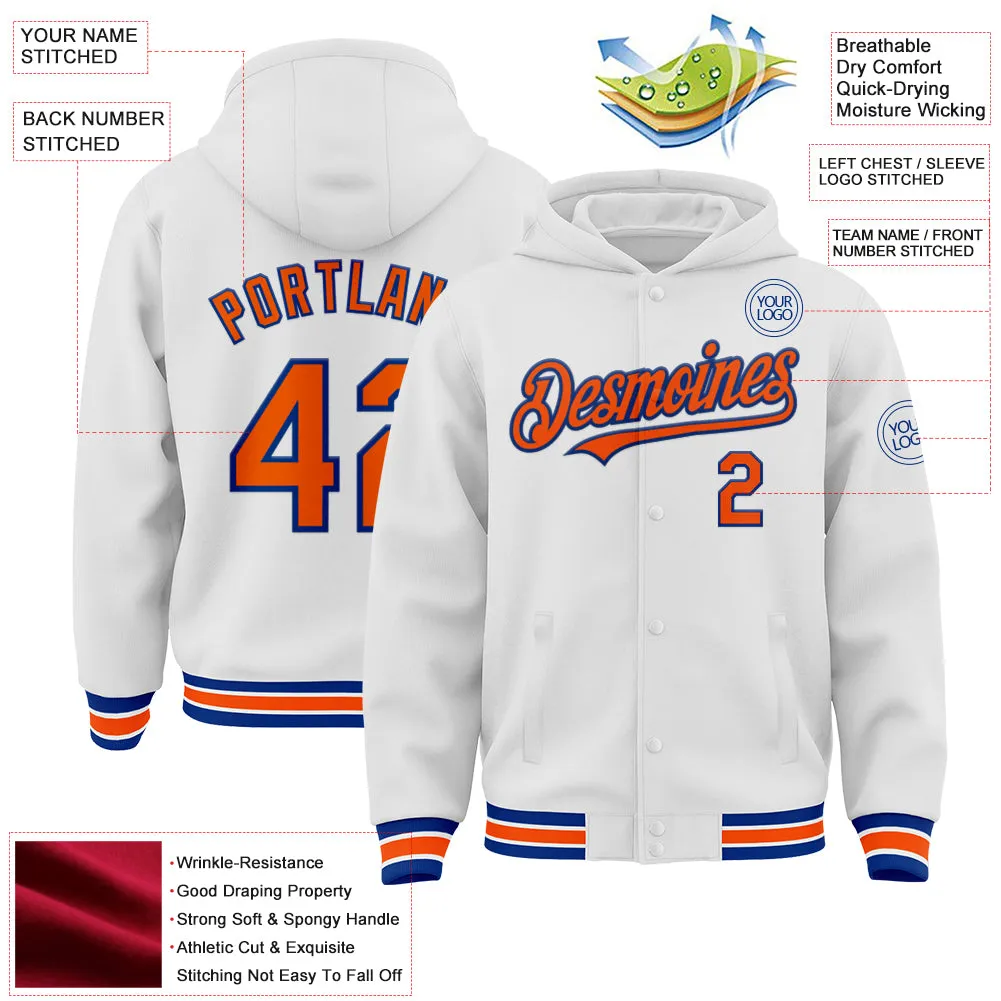 Custom White Orange-Royal Bomber Full-Snap Varsity Letterman Hoodie Jacket